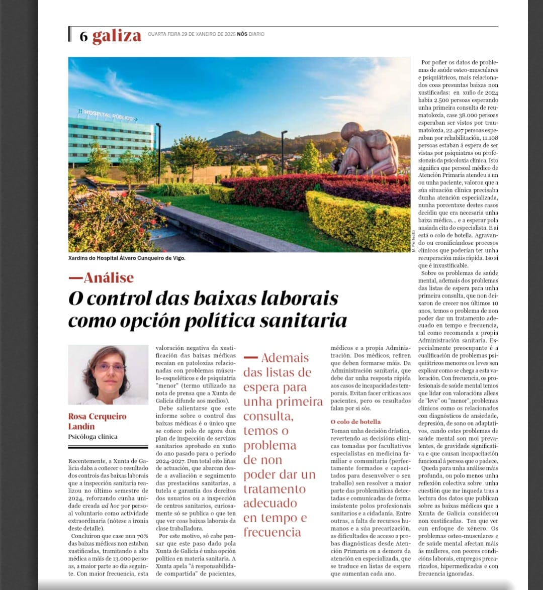 Artigo de Rosa Cerqueiro: O control das baixas como opción política sanitaria